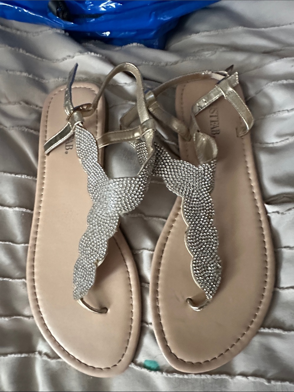 JustFab Gold Rhinestone T-Strap Flat Sandals